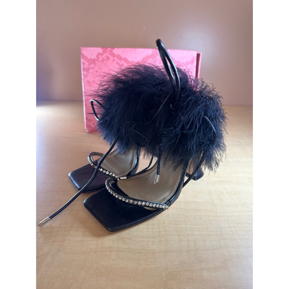 Black Feather‎ Rhinestone Square Toe Lace Up Flared Stiletto Heels UK 6 Women